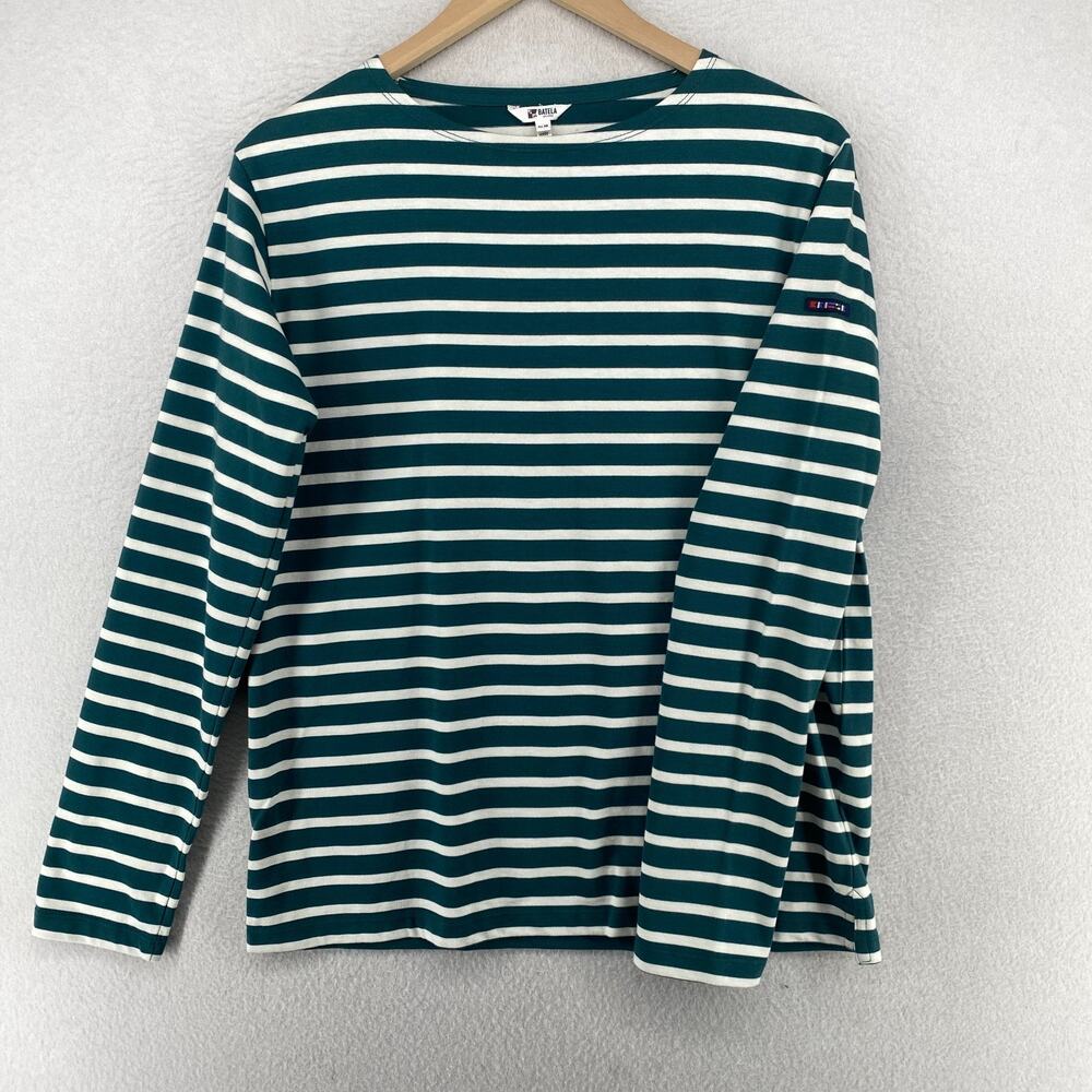 BATELA Top Womens 38 Sea Style Jersey Striped Long Sleeve Nautical Cotton Green